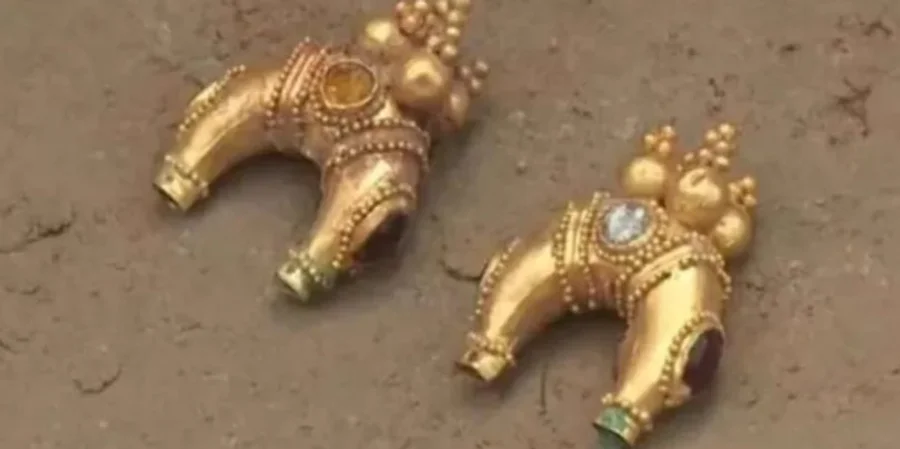Дві золоті сережки, знайдені в одному з курганів, мають форму півмісяця та інкрустовані дорогоцінним камінням